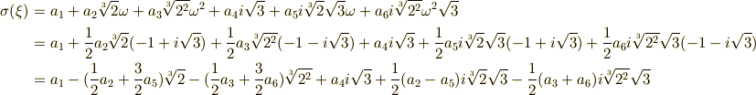 \sigma (\xi ) &= a_{1} + a_{2}\root 3\of {2} \omega + a_{3}\root 3\of {2^{2}} {\omega}^{2}+a_{4}i\sqrt{3} + a_{5} i \root 3\of {2} \sqrt{3} \omega + a_{6}i \root 3\of {2^{2}} {\omega}^{2} \sqrt{3} \\&= a_{1} + \frac{1}{2}a_{2}\root 3\of {2}(-1+i\sqrt{3})  + \frac{1}{2} a_{3}\root 3\of {2^{2}}(-1-i\sqrt{3})+a_{4}i\sqrt{3} + \frac{1}{2} a_{5} i \root 3\of {2} \sqrt{3} (-1+i\sqrt{3}) + \frac{1}{2}a_{6}i \root 3\of {2^{2}} \sqrt{3} (-1-i\sqrt{3})  \\ &= a_{1} - (\frac{1}{2}a_{2}+\frac{3}{2}a_{5})\root 3\of {2}- (\frac{1}{2}a_{3}+\frac{3}{2}a_{6})\root 3\of {2^{2}}+a_{4}i\sqrt{3} + \frac{1}{2} (a_{2}-a_{5}) i \root 3\of {2} \sqrt{3}- \frac{1}{2}(a_{3}+a_{6})i \root 3\of {2^{2}} \sqrt{3}