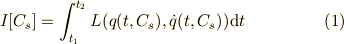 I[C_s] = \int_{t_1}^{t_2} L(q(t,C_s),\dot{q}(t,C_s)) \mathrm{d} t \tag{1}