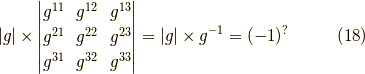 |g| \times\begin{vmatrix} g^{11} & g^{12} & g^{13} \\g^{21} & g^{22} & g^{23} \\g^{31} & g^{32} & g^{33} \end{vmatrix} = |g| \times g^{-1} = (-1)^?\tag{18}