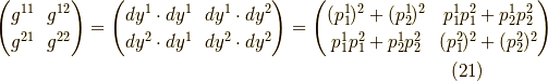 \begin{pmatrix}g^{11} & g^{12} \\g^{21} & g^{22} \end{pmatrix}=\begin{pmatrix}dy^1 \cdot dy^1 & dy^1 \cdot dy^2 \\dy^2 \cdot dy^1 & dy^2 \cdot dy^2 \end{pmatrix}=\begin{pmatrix}(p^1_1)^2 +(p^1_2)^2 & p^1_1 p^2_1 + p^1_2 p^2_2 \\p^1_1 p^2_1 + p^1_2 p^2_2 & (p^2_1)^2 +(p^2_2)^2 \end{pmatrix} \tag{21}