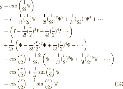 g &= \exp \left( \dfrac{1}{2i} \Psi \right) \\&= I + \dfrac{1}{1!}(\dfrac{1}{2i}) \Psi + \dfrac{1}{2!}(\dfrac{1}{2i})^2 \Psi^2 +  \dfrac{1}{3!}(\dfrac{1}{2i})^3 \Psi^3 + \cdots \\&= \left( I - \dfrac{1}{2!}(\dfrac{r}{2})^2 I + \dfrac{1}{4!}(\dfrac{r}{2})^4 I \cdots \right) \\&+ \dfrac{1}{2i} \left( \Psi - \dfrac{1}{3!}(\dfrac{r}{2})^2\Psi + \dfrac{1}{5!}(\dfrac{r}{2})^4\Psi - \cdots \right) \\&= \cos \left( \dfrac{r}{2} \right) + \dfrac{1}{2i} \dfrac{2}{r} \left( \Psi - \dfrac{1}{3!}(\dfrac{r}{2})^3\Psi + \dfrac{1}{5!}(\dfrac{r}{2})^5\Psi - \cdots   \right) \\&= \cos \left( \dfrac{r}{2} \right) + \dfrac{1}{ir} \sin \left( \dfrac{r}{2} \right) \Psi \\&= \cos \left( \dfrac{r}{2} \right) - \dfrac{i}{r} \sin \left( \dfrac{r}{2} \right) \Psi \tag{14}