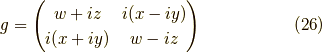 g = \begin{pmatrix} w+iz & i(x-iy) \\i(x+iy)& w-iz\end{pmatrix} \tag{26}