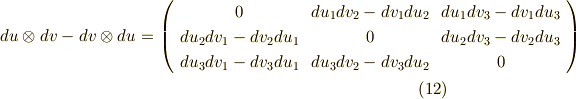 du \otimes dv - dv \otimes du = \left( \begin{array}{ccc}0    & du_{1}dv_{2} - dv_{1}du_{2} & du_{1}dv_{3} -dv_{1}du_{3}  \\ du_{2}dv_{1} -dv_{2}du_{1} & 0 & du_{2}dv_{3} -dv_{2}du_{3} \\ du_{3}dv_{1}-dv_{3}du_{1}  & du_{3}dv_{2} -dv_{3}du_{2}  & 0 \\ \end{array}\right)         \tag{12}