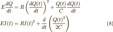 E \frac{dQ}{dt} & = R \left( \frac{dQ(t)}{dt} \right)^2 + \frac{Q(t)}{C} \frac{dQ(t)}{dt} \\E I(t)          & = R {I(t)}^2 + \frac{d}{dt} \left( \frac{{Q(t)}^2}{2C} \right) \tag{8}