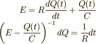 E = R \frac{dQ(t)}{dt} + \frac{Q(t)}{C}\\\left( E - \frac{Q(t)}{C} \right)^{-1} dQ = \frac{1}{R} dt