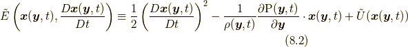 \tilde{E}\left( \bm{x}(\bm{y},t),\frac{D\bm{x}(\bm{y} ,t)}{Dt} \right)\equiv \frac{1}{2} \left( \frac{D \bm{x}(\bm{y},t)}{Dt} \right)^{2} -\frac{1}{\rho(\bm{y},t)}\frac{\partial \mathrm{P}(\bm{y},t)}{\partial \bm{y}} \cdot \bm{x}(\bm{y},t) +\tilde{U}(\bm{x}(\bm{y},t)) \tag{8.2}