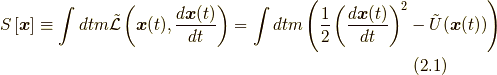 S \left[ \bm{x} \right] \equiv \int dt m \tilde{\mathcal{L}} \left( \bm{x}(t), \frac{d \bm{x}(t)}{dt} \right) = \int dt m \left( \frac{1}{2} \left( \frac{d \bm{x}(t)}{dt} \right)^{2} - \tilde{U}(\bm{x}(t)) \right) \tag{2.1}