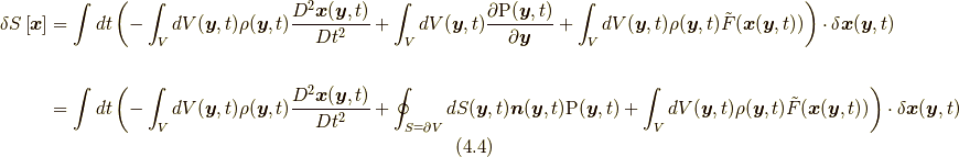 \delta S \left[ \bm{x} \right] &= \int dt \left( -\int_{V} dV(\bm{y},t) \rho(\bm{y},t)\frac{D^{2}\bm{x}(\bm{y},t)}{Dt^{2}} + \int_{V} dV(\bm{y},t) \frac{\partial \mathrm{P}(\bm{y},t)}{\partial \bm{y}}+ \int_{V} dV(\bm{y},t) \rho(\bm{y},t)\tilde{F}(\bm{x}(\bm{y},t)) \right) \cdot \delta \bm{x}(\bm{y},t) \\ \\ &= \int dt \left( -\int_{V} dV(\bm{y},t) \rho(\bm{y},t)\frac{D^{2}\bm{x}(\bm{y},t)}{Dt^{2}} + \oint_{S=\partial V} dS(\bm{y},t) \bm{n}(\bm{y},t) \mathrm{P}(\bm{y},t) + \int_{V} dV(\bm{y},t) \rho(\bm{y},t)\tilde{F}(\bm{x}(\bm{y},t)) \right) \cdot \delta \bm{x}(\bm{y},t) \tag{4.4}