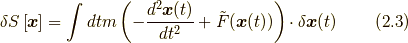\delta S \left[ \bm{x} \right] = \int dt m \left( -\frac{d^{2}\bm{x}(t)}{dt^{2}}+\tilde{F}(\bm{x}(t)) \right) \cdot \delta\bm{x}(t) \tag{2.3}