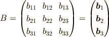 B=\begin{pmatrix}b_{11} & b_{12} & b_{13} \\b_{21} & b_{22} & b_{23} \\b_{31} & b_{32} & b_{33} \end{pmatrix}=\begin{pmatrix}\bm{b}_1 \\ \bm{b}_2 \\ \bm{b}_3\end{pmatrix}