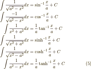\int \dfrac{1}{\sqrt{a^2-x^2}}dx &= \sin^{-1} \dfrac{x}{a} +C  \\\int \dfrac{-1}{\sqrt{a^2-x^2}}dx &= \cos^{-1} \dfrac{x}{a} +C \\\int \dfrac{1}{x^2+a^2}dx &=\dfrac{1}{a} \tan^{-1} \dfrac{x}{a} +C \\\int \dfrac{1}{\sqrt{x^2+a^2}}dx &= \sinh^{-1} \dfrac{x}{a} +C  \\\int \dfrac{1}{\sqrt{x^2-a^2}}dx &= \cosh^{-1} \dfrac{x}{a} +C  \\\int \dfrac{1}{a^2-x^2}dx &= \dfrac{1}{a}\tanh^{-1} \dfrac{x}{a} +C  \tag{5}