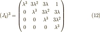 (J_4)^3 = \begin{pmatrix}\lambda^3 & 3 \lambda^2 & 3 \lambda & 1 \\0 & \lambda^3 & 3 \lambda^2 & 3 \lambda \\0 & 0 & \lambda^3 & 3 \lambda^2 \\0 & 0 & 0 & \lambda^3\end{pmatrix} \tag{12}