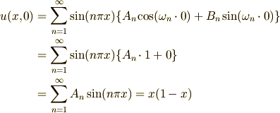 u(x,0) &= \sum_{n=1}^{\infty}\sin(n\pi x)\{A_n\cos(\omega_n\cdot 0)+B_n\sin(\omega_n\cdot 0)\}\\ &= \sum_{n=1}^{\infty}\sin(n\pi x)\{A_n\cdot 1+0\}\\ &= \sum_{n=1}^{\infty}A_n\sin(n\pi x)=x(1-x)