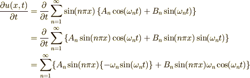 \frac{\partial u(x,t)}{\partial t} &= \frac{\partial}{\partial t}\sum_{n=1}^{\infty} \sin(n\pi x)\left\{A_n\cos(\omega_n t)+B_n\sin(\omega_n t)\right\}\\ &= \frac{\partial}{\partial t}\sum_{n=1}^{\infty} \left\{A_n\sin(n\pi x)\cos(\omega_n t)+B_n\sin(n\pi x)\sin(\omega_n t)\right\}\\ &= \sum_{n=1}^{\infty}\{A_n\sin(n\pi x) \{-\omega_n\sin(\omega_n t)\}+B_n\sin(n\pi x)\omega_n\cos(\omega_n t)\}