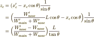 z_{c} &= (x'_{c}-x_{c}\cos \theta)\frac{1}{\sin \theta} \\&=\Big( \frac{W'_{nose}}{W'_{main}+W'_{nose}}L\cos \theta - x_{c}\cos \theta \Big) \frac{1}{\sin \theta} \\&=\Big( \frac{W'_{nose} - W_{nose}}{W_{main}+W_{nose}}\Big)\frac{L}{\tan \theta}