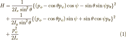 H &=\frac{1}{2 I_x \sin^2 \theta}\{ (p_\phi - \cos \theta p_\psi) \cos \psi - \sin \theta \sin \psi p_\theta \}^2 \\&+ \frac{1}{2 I_y \sin^2 \theta}\{ (p_\phi - \cos \theta p_\psi)\sin \psi + \sin \theta \cos \psi p_\theta \}^2 \\&+ \frac{p_\psi^2}{2 I_z} \tag{1}