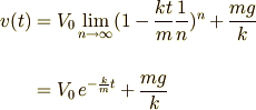 v(t) &=V_0\lim_{n\rightarrow\infty} (1-\frac{kt}{m}\frac{1}{n})^n  +\frac{mg}{k}\\\\ &=V_0 \,e^{-\frac{k}{m}t} +\frac{mg}{k}