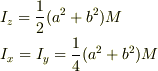 &I_{z}=\frac{1}{2}(a^2+b^2)M \\ &I_{x}=I_{y}=\frac{1}{4}(a^2+b^2)M