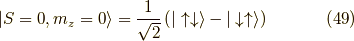| S=0 , m_z = 0 \rangle = \dfrac{1}{\sqrt{2}} \left( | \uparrow \downarrow \rangle - | \downarrow \uparrow \rangle \right) \tag{49}