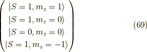 \begin{pmatrix}| S=1 , m_z = 1 \rangle \\ | S=1 , m_z = 0 \rangle \\| S=0 , m_z = 0 \rangle \\ | S=1 , m_z = -1 \rangle \end{pmatrix} \tag{69}