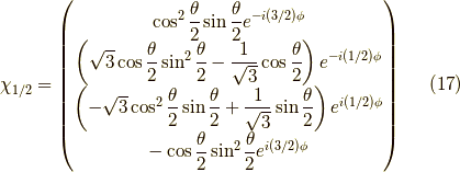 \chi_{1/2} =\begin{pmatrix}\cos^2 \dfrac{\theta}{2} \sin \dfrac{\theta}{2} e^{-i(3/2)\phi} \\\left( \sqrt{3} \cos \dfrac{\theta}{2} \sin^2 \dfrac{\theta}{2} - \dfrac{1}{\sqrt{3}} \cos \dfrac{\theta}{2} \right) e^{-i(1/2)\phi} \\\left( -\sqrt{3} \cos^2 \dfrac{\theta}{2} \sin \dfrac{\theta}{2} + \dfrac{1}{\sqrt{3}} \sin \dfrac{\theta}{2} \right) e^{i(1/2)\phi} \\-\cos \dfrac{\theta}{2} \sin^2 \dfrac{\theta}{2} e^{i(3/2)\phi} \end{pmatrix} \tag{17}