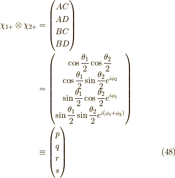 \chi_{1+} \otimes \chi_{2+} &= \begin{pmatrix} AC \\ AD \\ BC \\ BD \end{pmatrix} \\&= \begin{pmatrix} \cos \dfrac{\theta_1}{2} \cos \dfrac{\theta_2}{2} \\\cos \dfrac{\theta_1}{2} \sin \dfrac{\theta_2}{2} e^{i \phi_2} \\\sin \dfrac{\theta_1}{2} \cos \dfrac{\theta_2}{2} e^{i \phi_1} \\\sin \dfrac{\theta_1}{2} \sin \dfrac{\theta_2}{2} e^{i(\phi_1+\phi_2)}\end{pmatrix} \\&\equiv \begin{pmatrix} p \\ q \\ r \\ s \end{pmatrix}\tag{48}