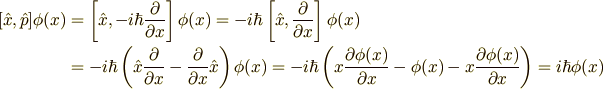 [\hat{x}, \hat{p}]\phi(x)&=\left[\hat{x}, -i\hbar \frac{\partial}{\partial x}\right]\phi(x)=-i\hbar\left[\hat{x}, \frac{\partial}{\partial x}\right]\phi(x)\\&=-i\hbar\left(\hat{x}\frac{\partial}{\partial x}-\frac{\partial}{\partial x}\hat{x}\right)\phi(x)=-i\hbar\left(x\frac{\partial \phi(x)}{\partial x}-\phi(x)-x\frac{\partial \phi(x)}{\partial x}\right)=i\hbar\phi(x)