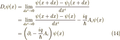 D_i \psi(x) &= \lim_{dx^i \to 0} \dfrac{\psi(x+dx)-\psi_\parallel(x+dx)}{dx^i} \\&= \lim_{dx^i \to 0} \dfrac{\psi(x+dx)-\psi(x)}{dx^i} - \dfrac{iq}{\hbar}A_i \psi(x) \\&= \left( \partial_i - \dfrac{iq}{\hbar}A_i \right) \psi(x) \tag{14}
