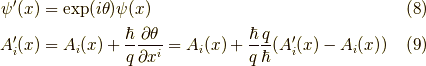\psi^\prime(x) &= \exp(i \theta) \psi(x) \tag{8} \\ A_i^\prime(x) &= A_i(x) + \dfrac{\hbar}{q} \dfrac{\partial \theta}{\partial x^i} = A_i(x) + \dfrac{\hbar}{q}\dfrac{q}{\hbar}(A_i^\prime(x)-A_i(x))\tag{9}