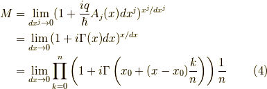 M &= \lim_{dx^j \to 0} (1 + \dfrac{iq}{\hbar} A_j(x) dx^j)^{x^j/dx^j} \\&= \lim_{dx \to 0} (1 + i \Gamma(x) dx)^{x/dx} \\&= \lim_{dx \to 0} \prod_{k=0}^{n} \left( 1 + i \Gamma \left( x_0 + (x-x_0)\dfrac{k}{n} \right) \right) \dfrac{1}{n} \tag{4}