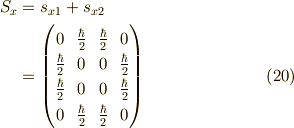S_x &= s_{x1}+s_{x2} \\&=\begin{pmatrix}0 & \frac{\hbar}{2} & \frac{\hbar}{2} & 0 \\\frac{\hbar}{2} & 0 & 0 & \frac{\hbar}{2} \\\frac{\hbar}{2} & 0 & 0 & \frac{\hbar}{2} \\0 & \frac{\hbar}{2} & \frac{\hbar}{2} & 0\end{pmatrix} \tag{20}