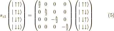 s_{z1}\begin{pmatrix}|\uparrow \uparrow \rangle \\|\uparrow \downarrow \rangle \\|\downarrow \uparrow \rangle \\|\downarrow \downarrow \rangle\end{pmatrix}=\begin{pmatrix}\frac{\hbar}{2} & 0 & 0 & 0 \\0 & \frac{\hbar}{2} & 0 & 0 \\0 & 0 & -\frac{\hbar}{2} & 0 \\0 & 0 & 0 & -\frac{\hbar}{2}\end{pmatrix} \begin{pmatrix}|\uparrow \uparrow \rangle \\|\uparrow \downarrow \rangle \\|\downarrow \uparrow \rangle \\|\downarrow \downarrow \rangle \end{pmatrix}\tag{5}
