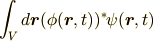 \int_{V}d\bm{r}(\phi(\bm{r}, t))^{*}\psi(\bm{r}, t)