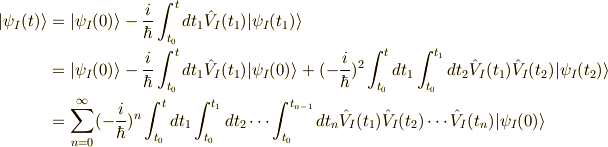 |\psi_I(t)\rangle &= |\psi_I(0)\rangle-\frac{i}{\hbar}\int_{t_0}^t dt_1 \hat{V}_I(t_1)| \psi_I (t_1) \rangle \\&= |\psi_I(0)\rangle-\frac{i}{\hbar}\int_{t_0}^t dt_1 \hat{V}_I(t_1)| \psi_I (0) \rangle+(-\frac{i}{\hbar})^2 \int_{t_0}^t dt_1 \int_{t_0}^{t_1} dt_2 \hat{V}_I(t_1)\hat{V}_I(t_2)| \psi_I (t_2) \rangle \\&= \sum^\infty_{n=0} (-\frac{i}{\hbar})^n \int_{t_0}^t dt_1 \int_{t_0}^{t_1} dt_2 \cdots \int_{t_0}^{t_{n-1}}dt_n\hat{V}_I(t_1)\hat{V}_I(t_2) \cdots \hat{V}_I(t_n)|\psi_I(0)\rangle