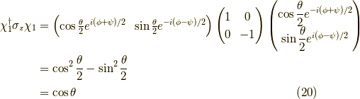 \chi_1^\dagger \sigma_z \chi_1 &= \begin{pmatrix}\cos \frac{\theta}{2} e^{i(\phi+\psi)/2} & \sin \frac{\theta}{2}e^{-i(\phi-\psi)/2}\end{pmatrix}\begin{pmatrix}1 & 0 \\0 & -1\end{pmatrix}\begin{pmatrix}\cos \dfrac{\theta}{2} e^{-i(\phi+\psi)/2} \\\sin \dfrac{\theta}{2} e^{ i(\phi-\psi)/2}\end{pmatrix} \\&=\cos^2 \frac{\theta}{2}- \sin^2 \frac{\theta}{2} \\&= \cos \theta \tag{20}