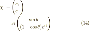 \chi_{1} &=\begin{pmatrix}c_+ \\c_- \end{pmatrix} \\&= A\begin{pmatrix}\sin \theta \\(1-\cos \theta)e^{i \phi}\end{pmatrix} \tag{14}