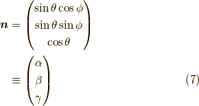 \bm{n} &= \begin{pmatrix}\sin \theta \cos \phi \\\sin \theta \sin \phi \\\cos \theta\end{pmatrix} \\&\equiv \begin{pmatrix}\alpha \\\beta \\\gamma\end{pmatrix} \tag{7}