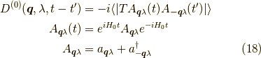 D^{(0)}(\bm{q},\lambda,t-t^\prime)&= -i \langle |T A_{\bm{q}\lambda}(t) A_{\bm{-q}\lambda}(t^\prime)| \rangle \\A_{\bm{q}\lambda}(t) &= e^{i H_0 t} A_{\bm{q}\lambda} e^{-i H_0 t} \\A_{\bm{q}\lambda} &= a_{\bm{q}\lambda} + a^\dagger_{-\bm{q}\lambda}\tag{18}