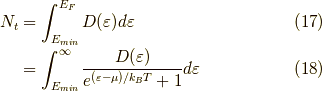 N_t &= \int_{E_{min}}^{E_F} D(\varepsilon) d \varepsilon \tag{17} \\&= \int_{E_{min}}^\infty \dfrac{D(\varepsilon)}{e^{(\varepsilon - \mu)/k_B T}+1} d \varepsilon \tag{18}