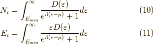 N_t &= \int_{E_{min}}^\infty \dfrac{D(\varepsilon)}{e^{\beta(\varepsilon - \mu)}+1} d \varepsilon \tag{10} \\E_t &= \int_{E_{min}}^\infty \dfrac{\varepsilon D(\varepsilon)}{e^{\beta(\varepsilon - \mu)}+1} d \varepsilon \tag{11}