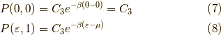 P(0,0) &= C_3 e^{-\beta(0-0)} = C_3 \tag{7} \\P(\varepsilon,1) &= C_3 e^{-\beta(\varepsilon - \mu)} \tag{8}