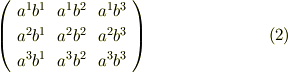 \left(     \begin{array}{ccc}a^{1}b^{1} & a^{1}b^{2}  & a^{1}b^{3} \\a^{2}b^{1} & a^{2}b^{2}  & a^{2}b^{3} \\a^{3}b^{1} & a^{3}b^{2}  & a^{3}b^{3} \\     \end{array}   \right)        \tag{2}