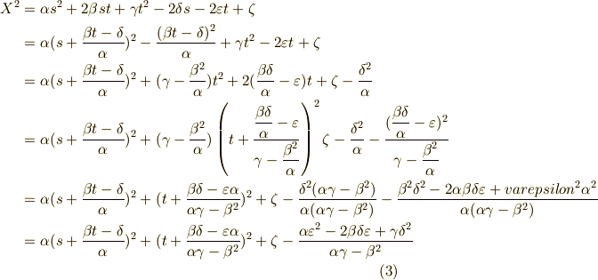 X^2 &= \alpha s^2+ 2 \beta st + \gamma t^2 - 2 \delta s -2 \varepsilon t + \zeta  \\&= \alpha(s+\frac{\beta t -\delta}{\alpha})^2-\frac{(\beta t-\delta)^2}{\alpha}+\gamma t^2 - 2 \varepsilon t +\zeta \\&= \alpha(s+\frac{\beta t -\delta}{\alpha})^2+(\gamma -\frac{\beta^2}{\alpha})t^2 +2(\frac{\beta \delta}{\alpha}-\varepsilon)t+\zeta -\frac{\delta^2}{\alpha} \\&= \alpha(s+\frac{\beta t -\delta}{\alpha})^2+(\gamma -\frac{\beta^2}{\alpha})\left( t+\dfrac{\dfrac{\beta \delta}{\alpha}-\varepsilon}{\gamma-\dfrac{\beta^2}{\alpha}} \right)^2 \zeta -\frac{\delta^2}{\alpha}- \dfrac{(\dfrac{\beta \delta}{\alpha}-\varepsilon)^2}{\gamma - \dfrac{\beta^2}{\alpha}} \\&= \alpha(s+\frac{\beta t -\delta}{\alpha})^2 + (t+\frac{\beta \delta - \varepsilon \alpha}{\alpha \gamma - \beta^2})^2+\zeta-\frac{\delta^2(\alpha \gamma-\beta^2)}{\alpha (\alpha \gamma-\beta^2)}-\frac{\beta^2 \delta^2 - 2 \alpha \beta \delta \varepsilon +varepsilon^2 \alpha^2}{\alpha (\alpha \gamma-\beta^2)} \\&= \alpha(s+\frac{\beta t -\delta}{\alpha})^2 + (t+\frac{\beta \delta - \varepsilon \alpha}{\alpha \gamma - \beta^2})^2+\zeta-\frac{\alpha \varepsilon^2 -2 \beta \delta \varepsilon+\gamma \delta^2}{\alpha \gamma-\beta^2} \tag{3}